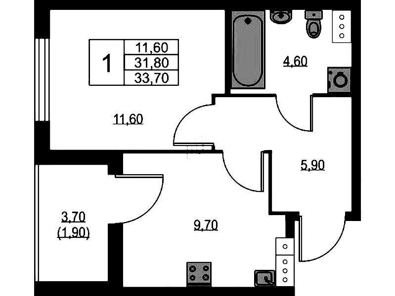 1-комнатная квартира 33.7 м², 10/13 эт., ЖК «А101 Лаголово»